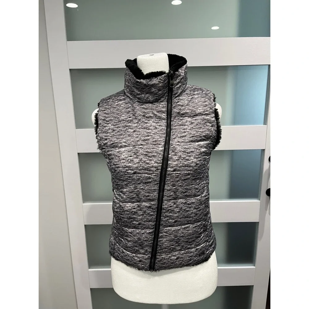 Justice Reversible Puffer Faux Fur Vest Girls Size 10 Heathered‎ Grey Black